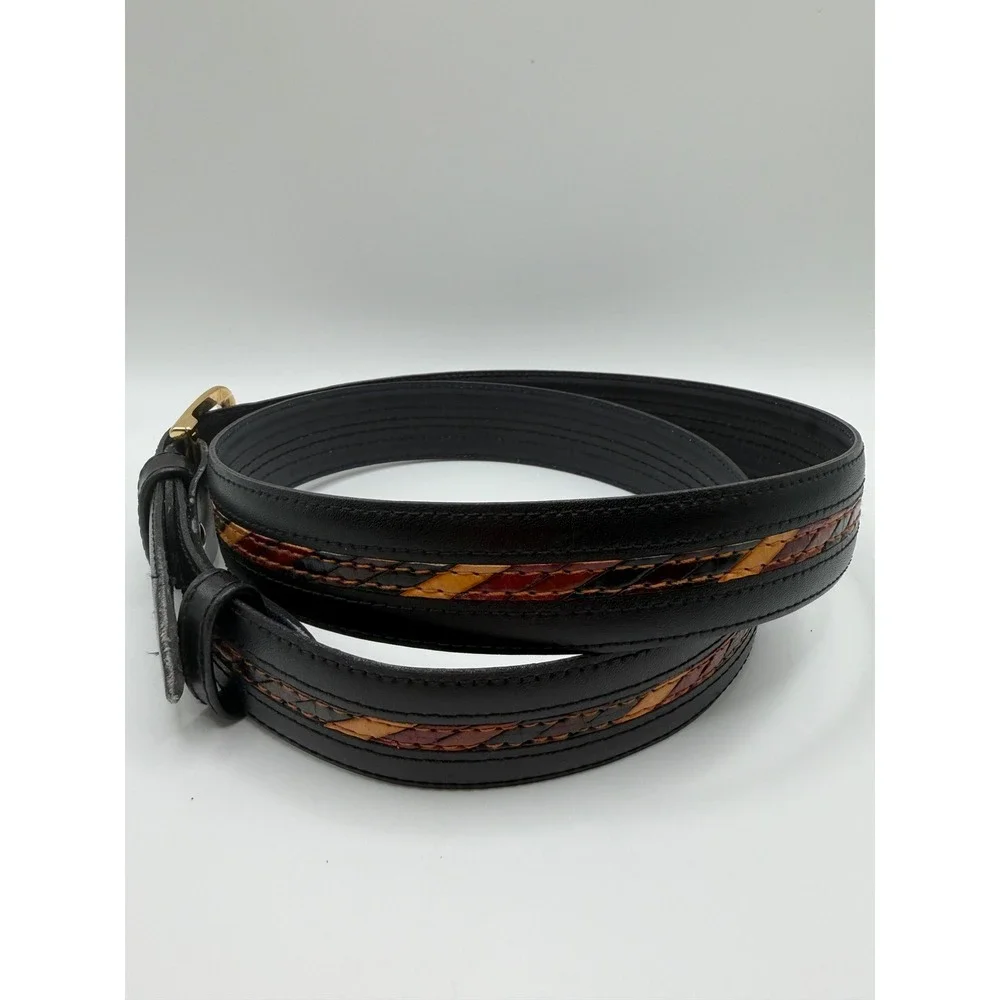 VTG Genuine Leather Belt Multi Color Braided Exotic Inlay Gold Buckle Western ML